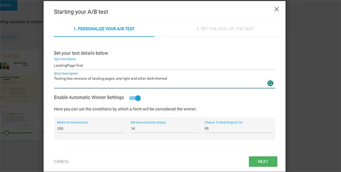 Chọn mức traffic gửi đến từng biến thể trang và chọn Set Up & Start A/B Test button