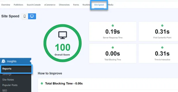 Vào Insights chọn Reports và sau đó mở tab Site Speed