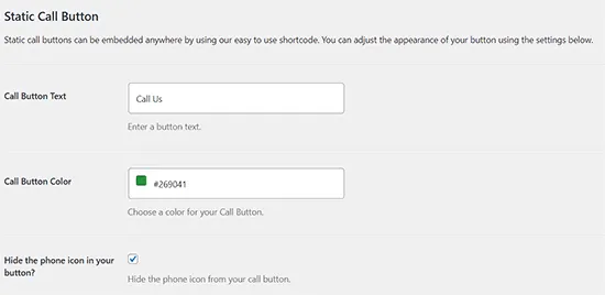 Vào Settings chọn WP Call Button và nhấp vào Static Call Button