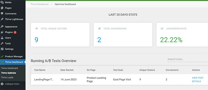 Vào Thrive Dashboard chọn Thrive Optimize xem kết quả kiểm tra