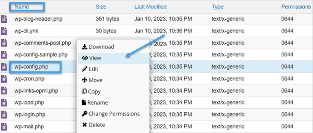 Tìm file wp-config.php sau đó nhấp chuột phải và chọn View