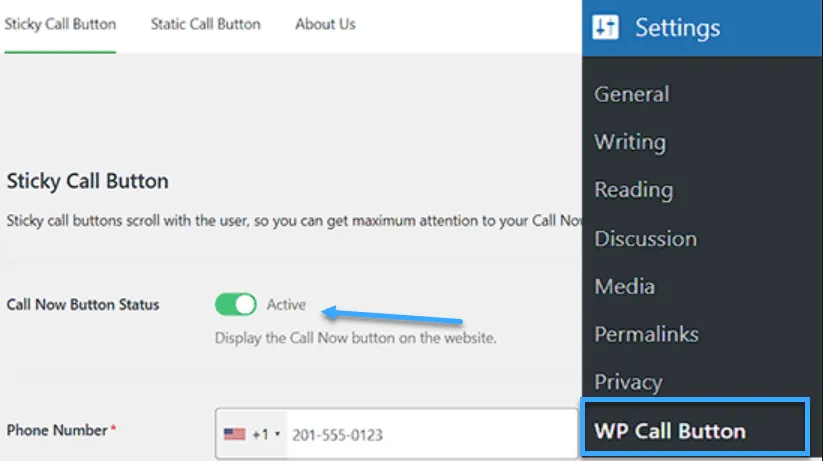 Vào Settings chọn WP Call Button từ WordPress admin sidebar