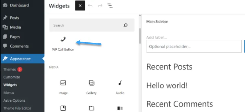 Vào Appearance chọn Widgets để thêm call button vào sidebar