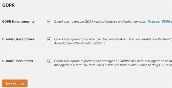 Cài đặt GDPR của WPForms