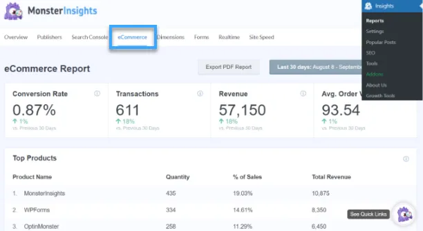 Vào Insights chọn Reports sau đó chuyển sang tab eCommerce