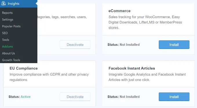 Vào Insights chọn Addons để kích hoạt eCommerce addon