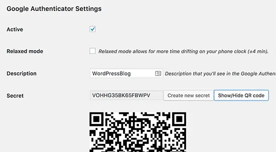 Giao diện Google Authenticator Settings
