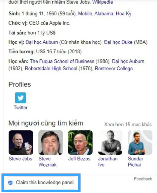 Nhấp vào 'Claim this knowledge panel'