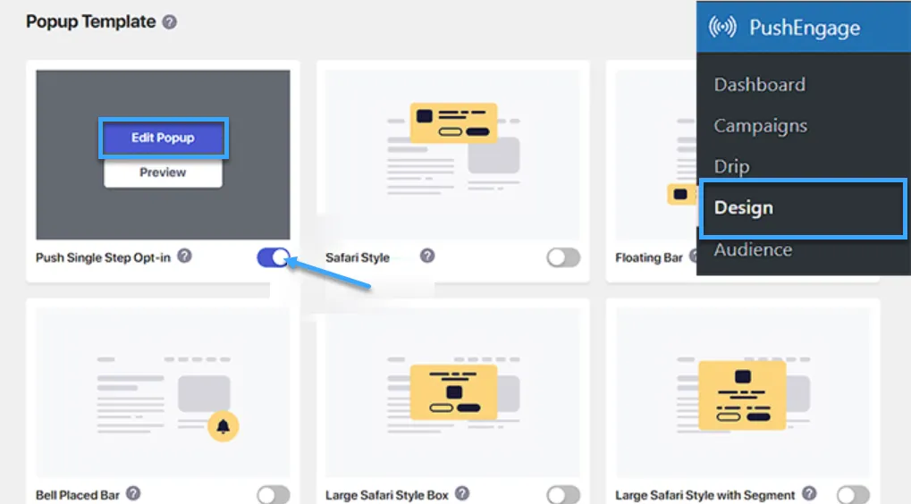 Đến PushEngage chọn Design từ WordPress admin sidebar