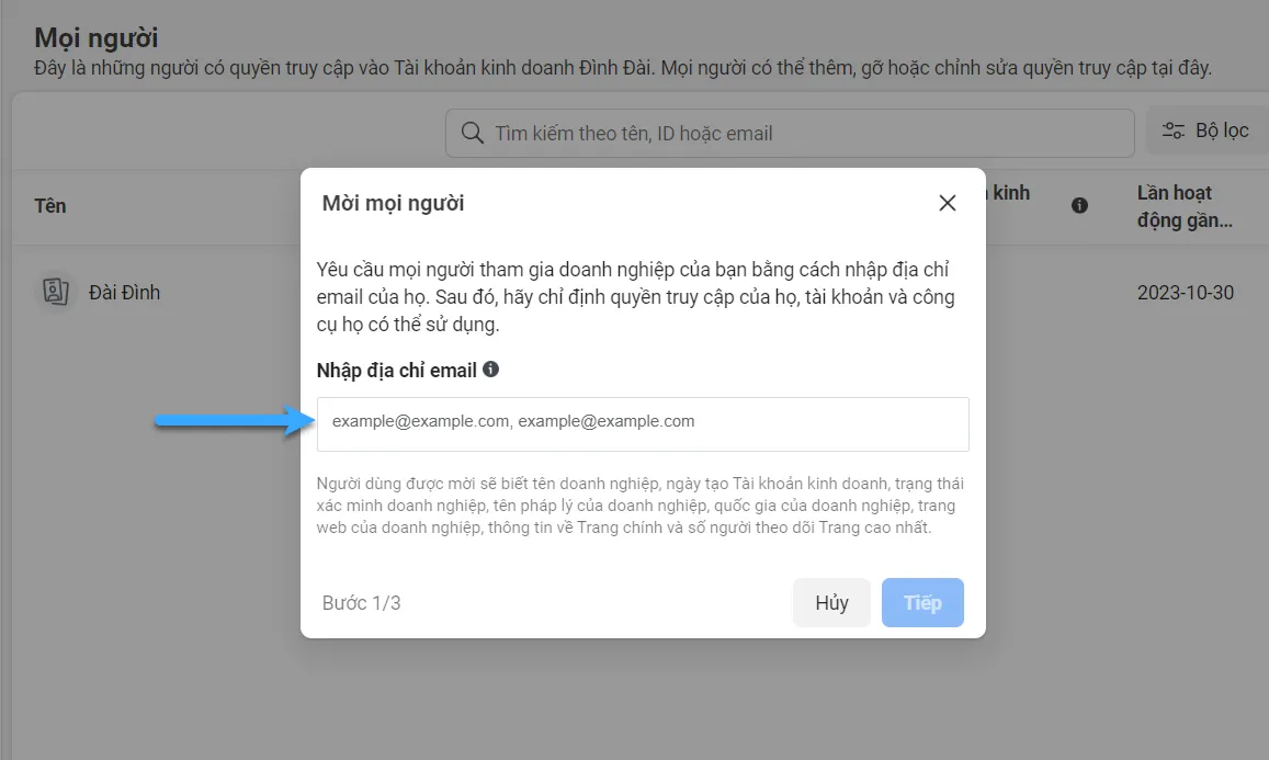 Điền email cần thêm vào Business