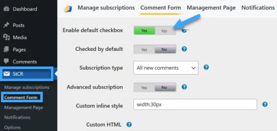 Chuyển tùy chọn 'Enable default checkbox' thành 'Yes'