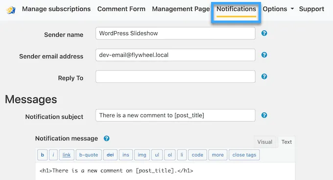 Nhấn tab 'Notifications' để thay đổi thông báo mặc định