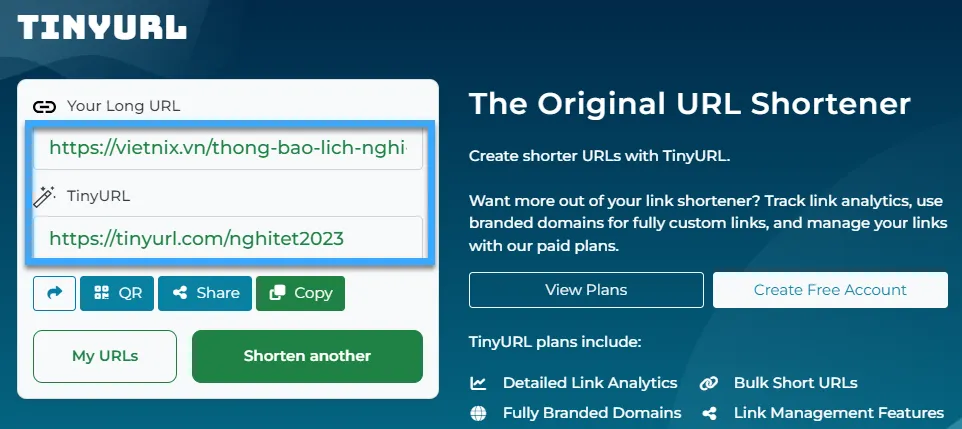 Kết quả sau khi rút gọn link với Tinyurl.com