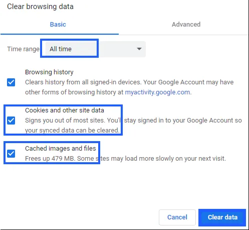 Chọn All time và đánh dấu vào ô Cookies and other site data