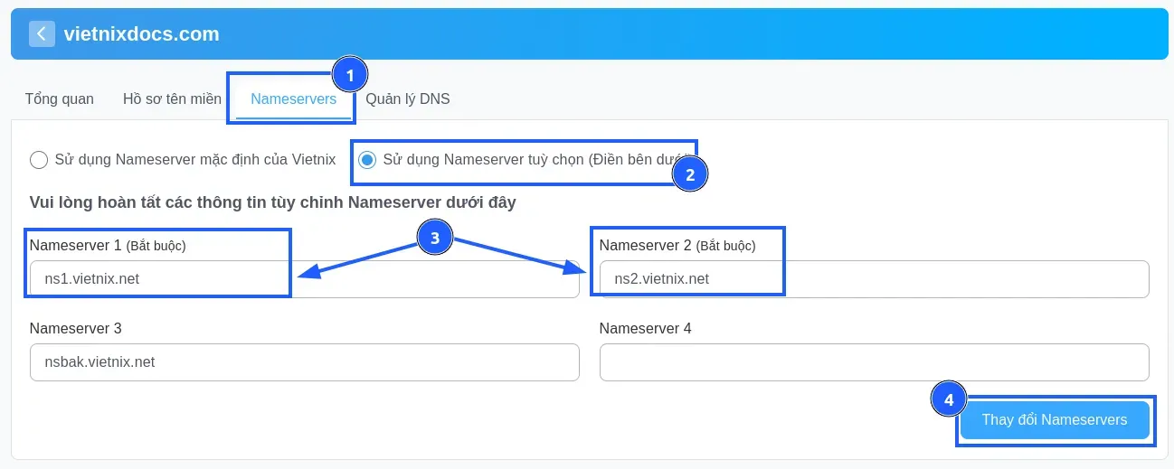 Chuyển sang phần Nameservers