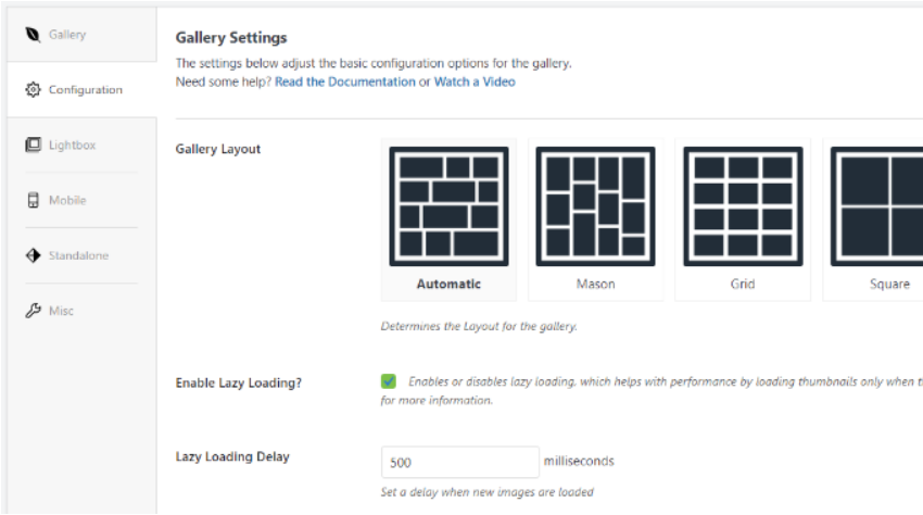 Chọn bố cục gallery và kích hoạt lazy loading