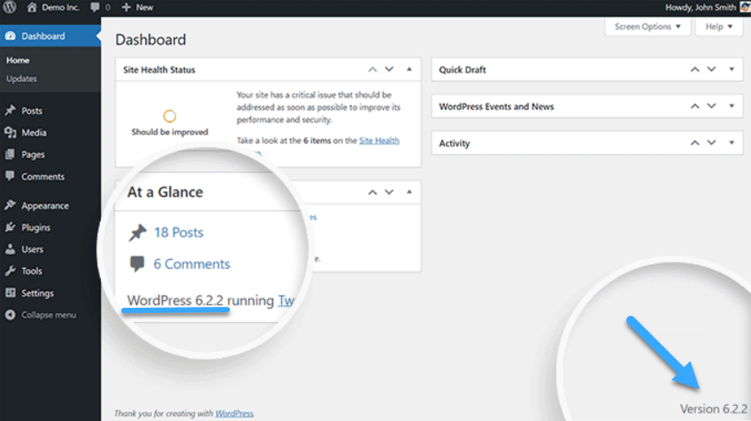 Kiểm tra phiên bản WordPress trong dashboard của admin area