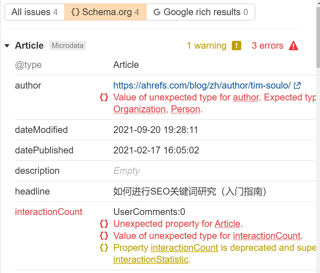 Lỗi “Structured data có xác thực Schema.org” ở mỗi trang