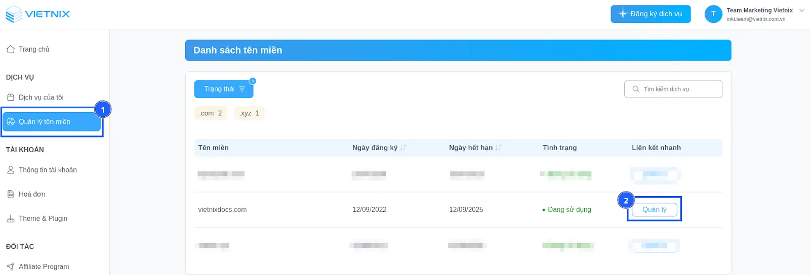 Nhấp vào Quản lý ở tên miền muốn cập nhật nameservers