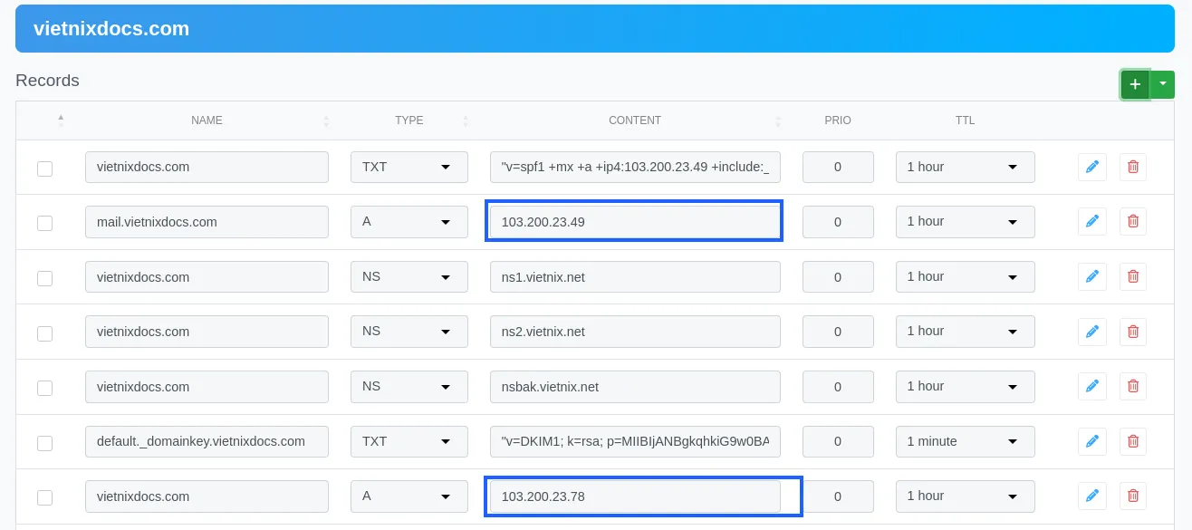 Tìm bản ghi A bằng cách xem cột Type và kiểm tra IP trong cột Content