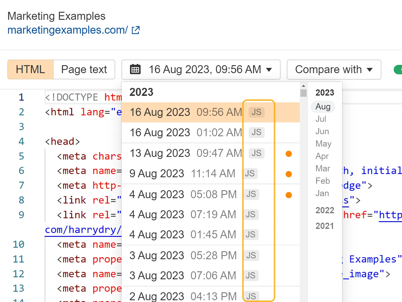 Các trang được thu thập thông tin bằng cách hiển thị JavaScript trong Site Explorer của Ahrefs