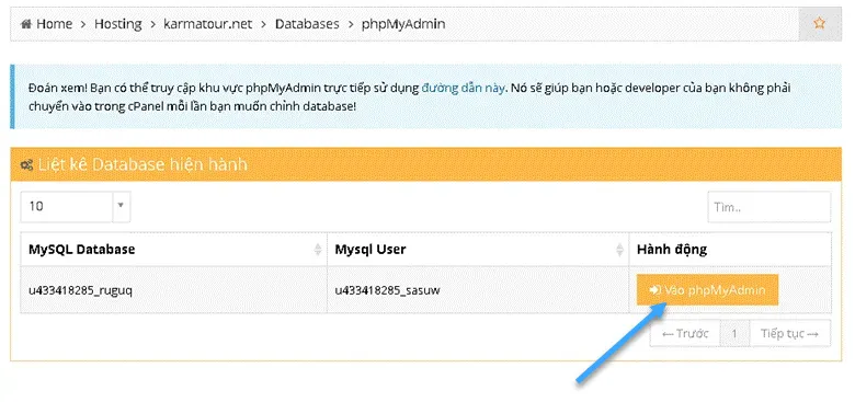 Di chuyển vào phpMyAdmin