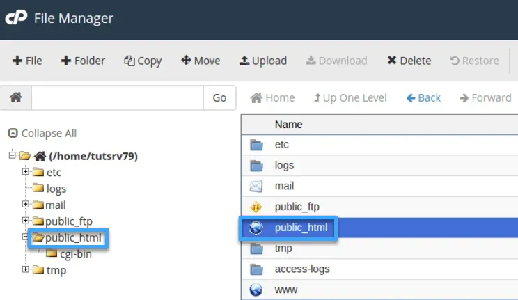 Mở thư mục public_html