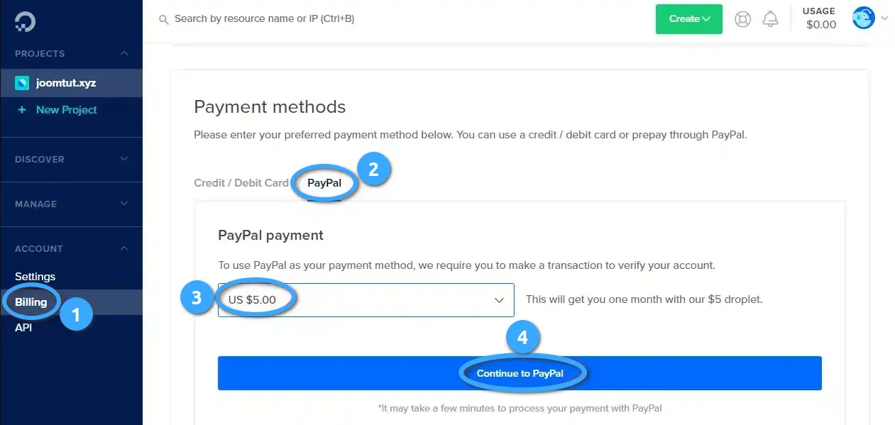 Cách nạp tiền vào tài khoản VPS DigitalOcean