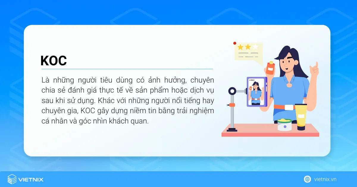 KOC là những người tiêu dùng có ảnh hưởng, chuyên chia sẻ đánh giá thực tế về sản phẩm hoặc dịch vụ sau khi sử dụng