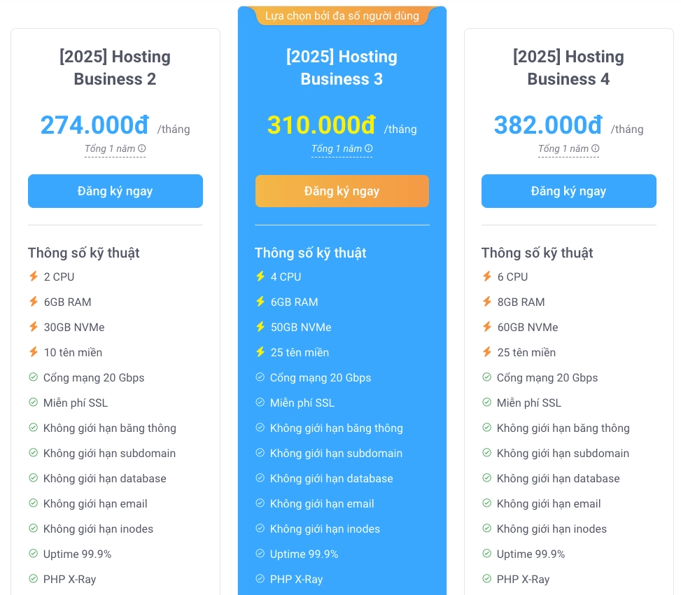 Bảng giá Business Hosting