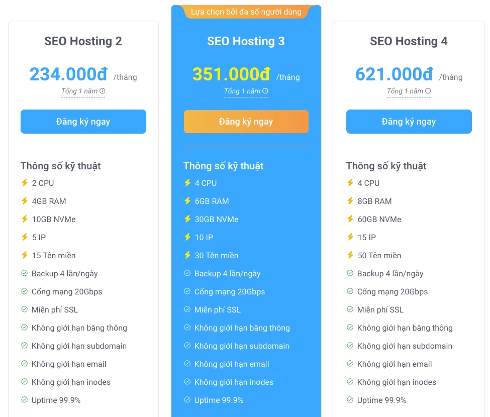Bảng giá SEO Hosting