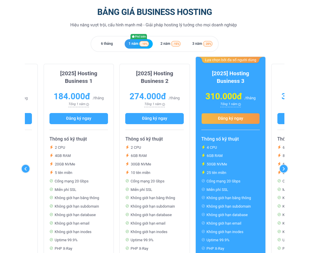 bảng giá của Business Hosting Vietnix