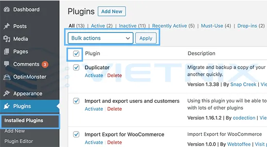 Deactivate tất cả plugins WordPress