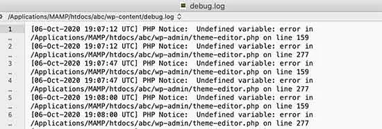 Debug log file showing PHP errors in WordPress File dubug log thể hiện những lỗi trong WordPress