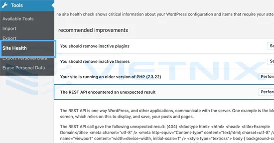 Lỗi API REST trong WordPress Site Health