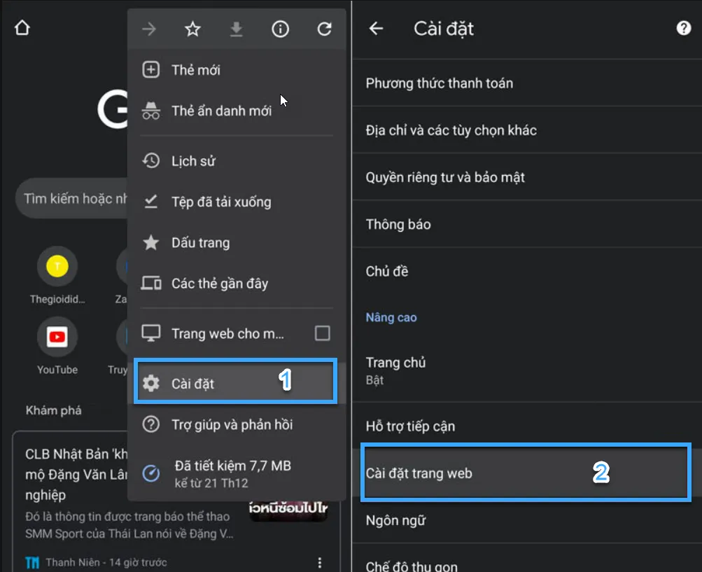 Mở trình duyệt Google Chrome, vào Cài đặt trang web