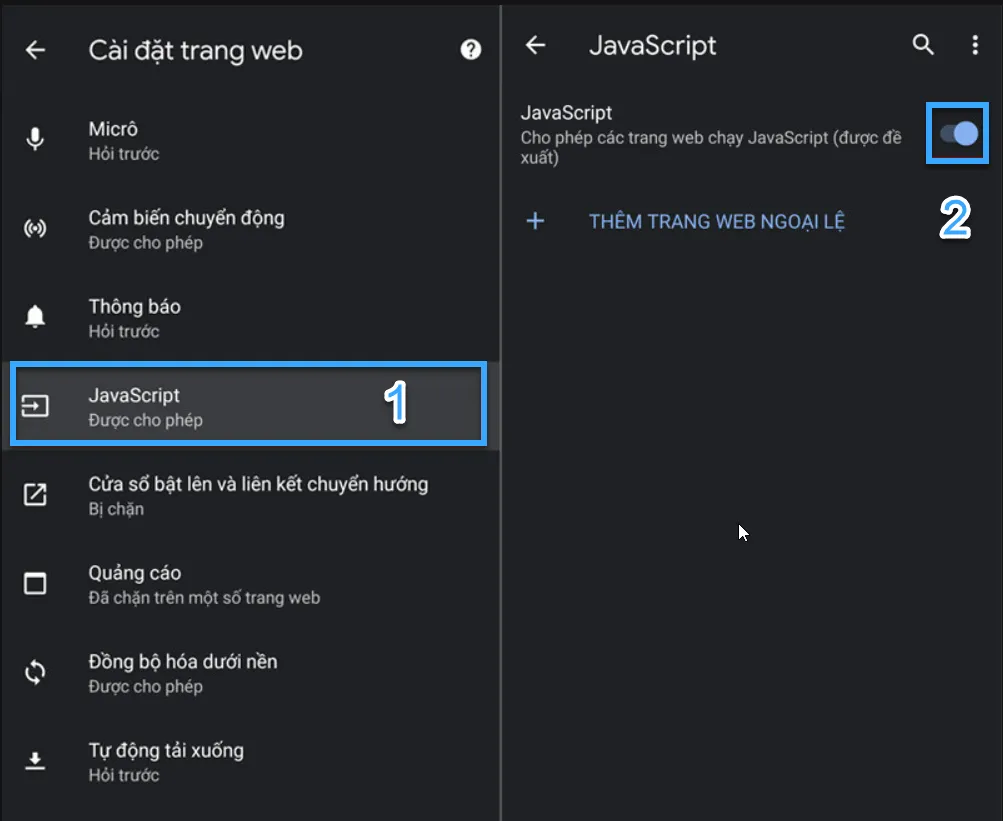 Tìm và bật JavaScript