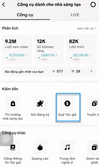 Điều kiện bật kiếm tiền trên TikTok và cách bật kiếm tiền nhanh nhất 42 Chọn mục "Quỹ tác giả"