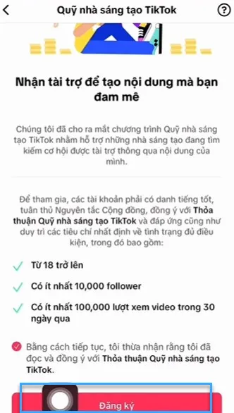 Điều kiện bật kiếm tiền trên TikTok và cách bật kiếm tiền nhanh nhất 43 Đồng ý với "Thõa thuận Quỹ nhà sáng tạo TikTok"