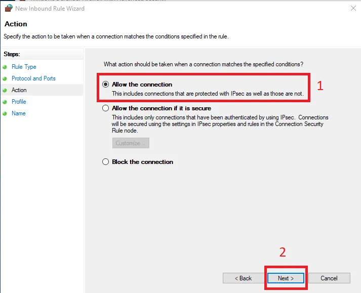 Cách cấu hình NTP Server trên Windows Server 2019 43 Chọn Allow the connection, sau đó nhấn Next