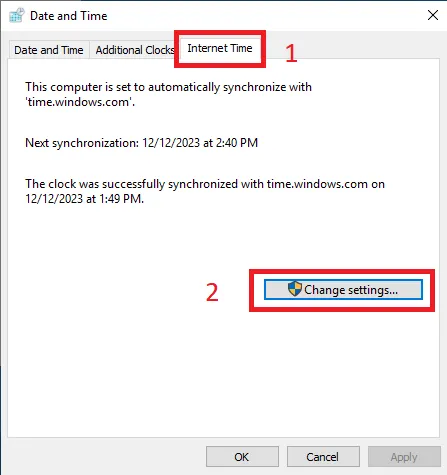 Cách cấu hình NTP Server trên Windows Server 2019 48 Chọn tab Internet Time, sau đó chọn Change settings...