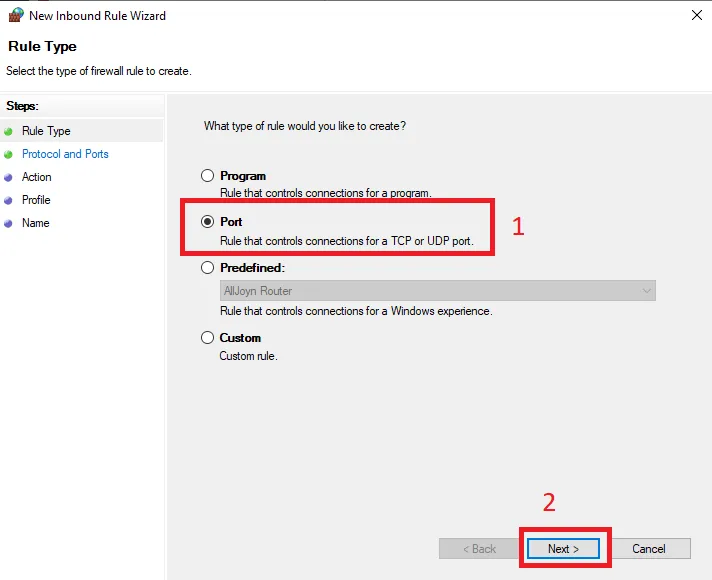 Cách cấu hình NTP Server trên Windows Server 2019 41 Tiếp theo chọn Port > Next