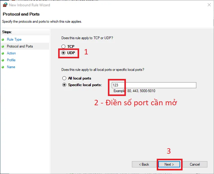 Cách cấu hình NTP Server trên Windows Server 2019 42 Chọn UDP, phía dưới chọn Specific local ports và nhập 123, sau đó nhấn Next