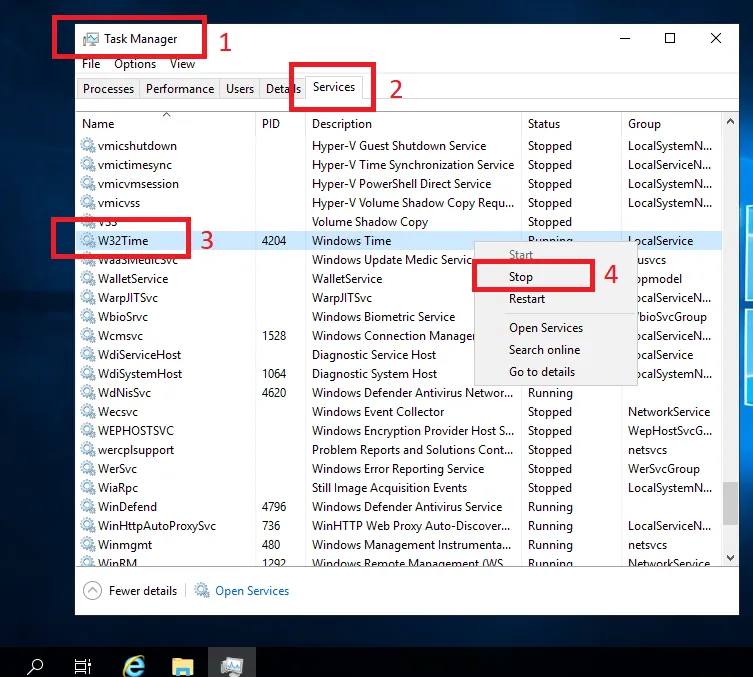 Cách cấu hình NTP Server trên Windows Server 2019 32 Dừng Windows Time trong service