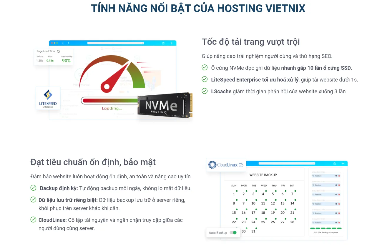 Công nghệ và tính năng của hosting Vietnix
