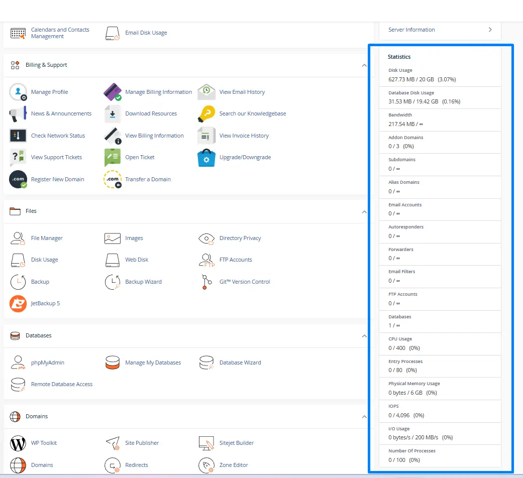 Giải thích các thông số trong cPanel
