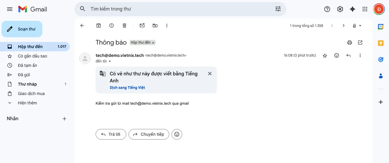 Kiểm tra hộp thư của gmail đã test