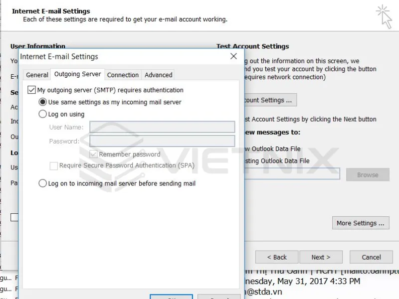 Chọn My outgoing server (SMTP) requires authentication