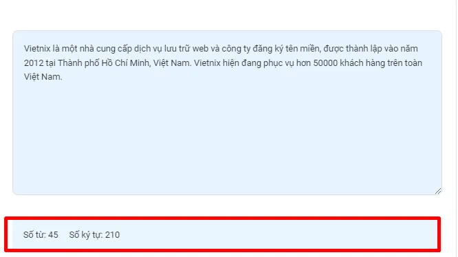 Kết quả trả về của công cụ đếm từ Vietnix