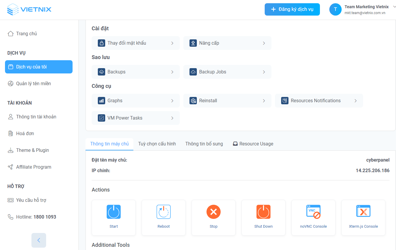 Giao diện quản trị VPS Cheap